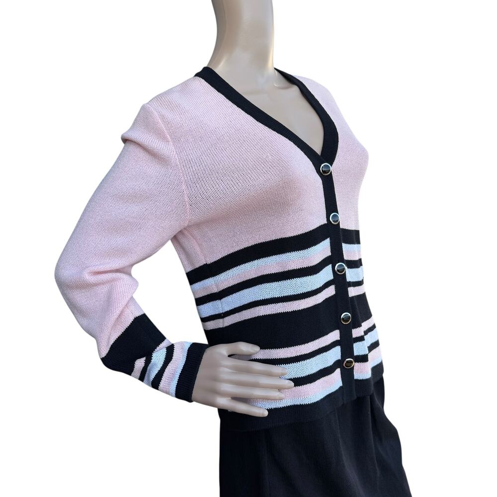 St. John Sport Santana Knit Cardigan Pink Black Stripe V-Neck Sweater Size P